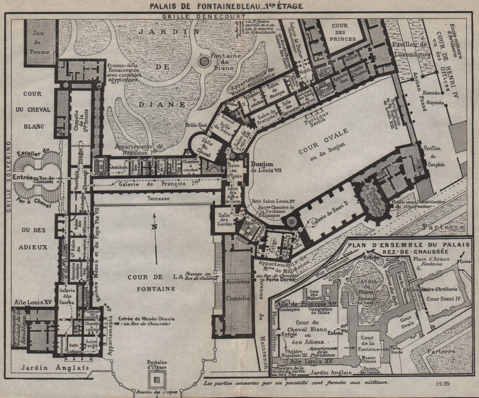 PALAIS DE FONTAINEBLEAU. 1er étage. 1st floor. Vintage map. Seine-et-Marne 1927